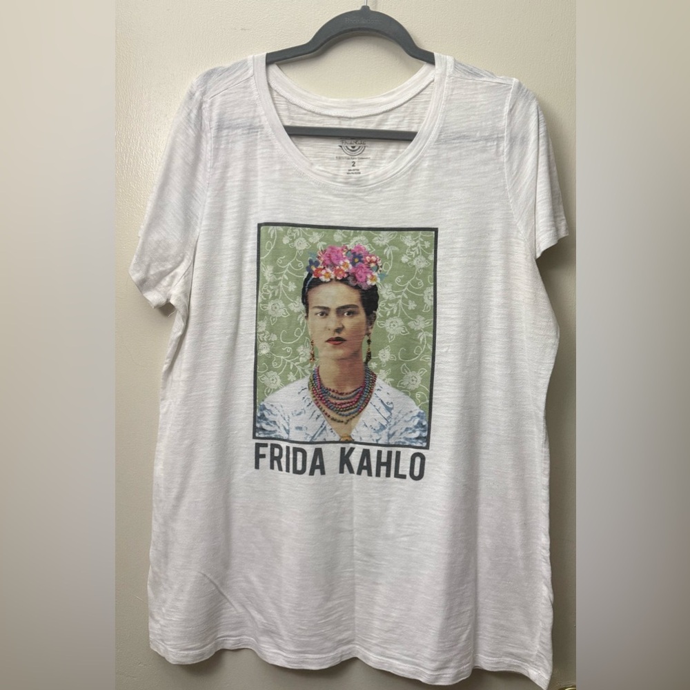 torrid White Frida Kahlo Graphic Tee with Green Panel and Pink Floral Accent